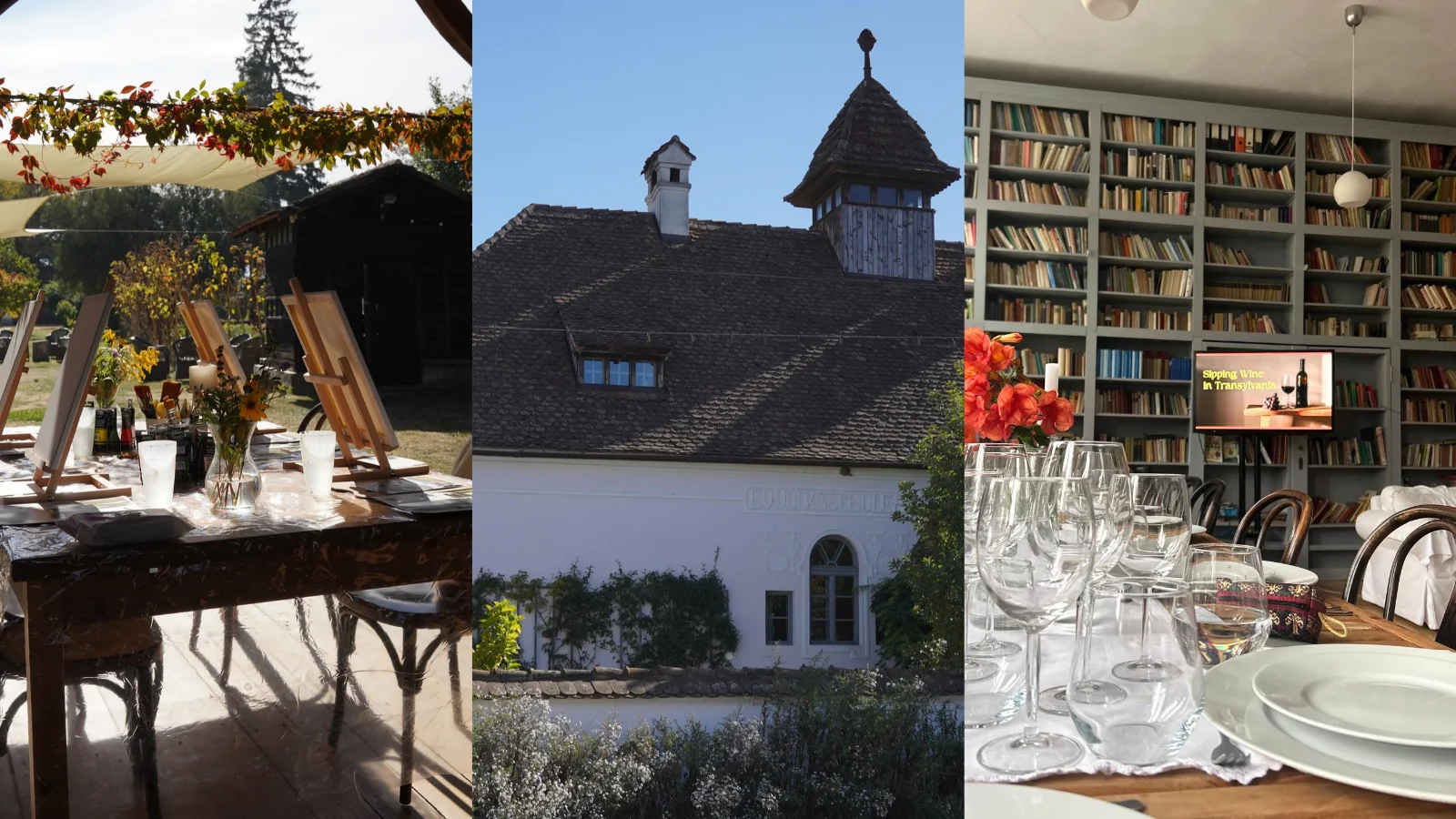 Outdoor painting tables, a historic Transylvanian building, and a dining table in a library